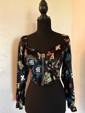 Black Smocked Long-Sleeve Crop Blouse with Multicolor Crest Motif